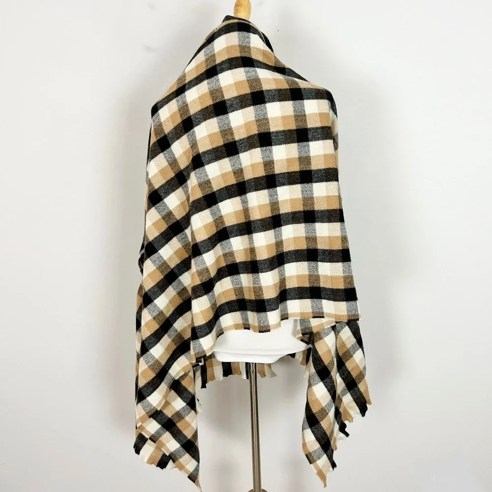 A New Day Women Plaid Ruana Wrap Scarf Arm Slits Brown Black OSFM NEW